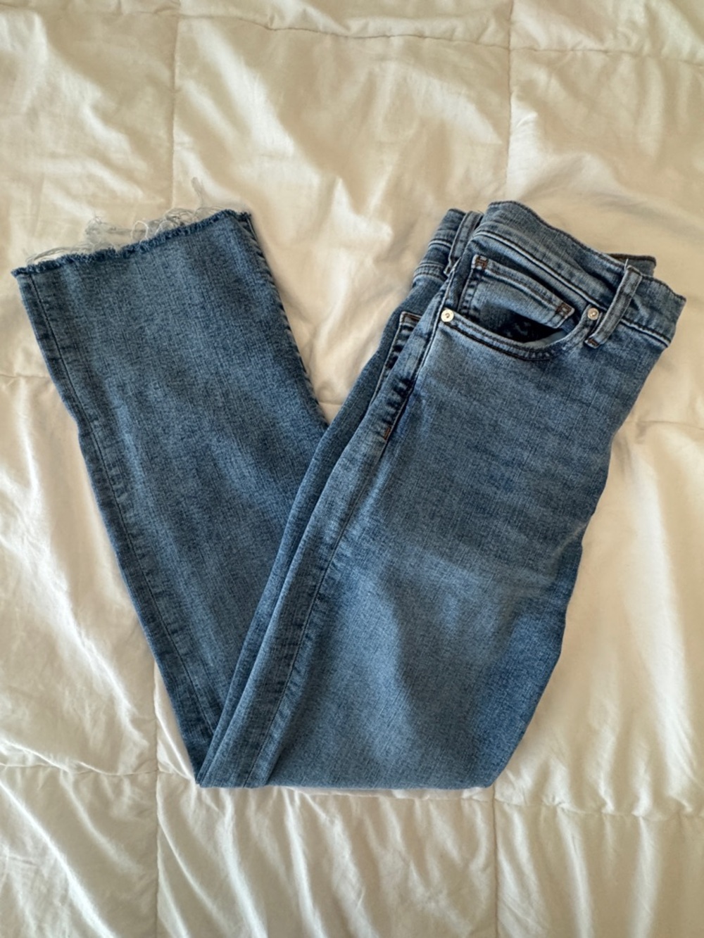 FRAME Le Sleek Straight Jeans Rawley Raw Fray Hem Medium Wash Size 28 - Picture 2 of 10